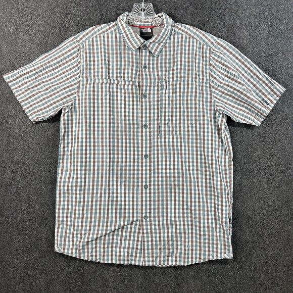 The North Face Shirt Men’s Medium Blue Brown Plaid Button Down Short Sleeve - Picture 1 of 9